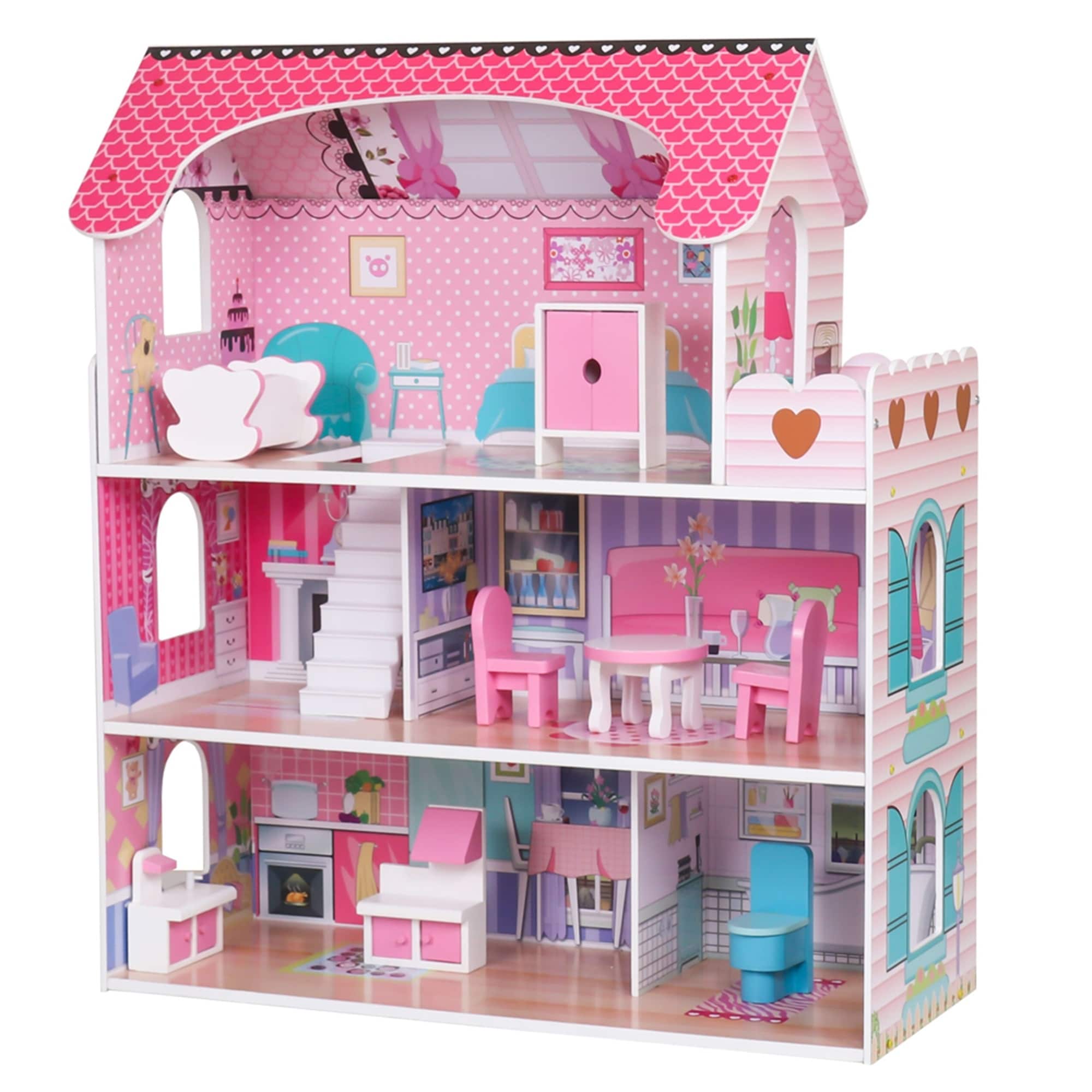 Large Wooden Dollhouse Barbie Doll House Pink Children Kids Pretend Play Home 