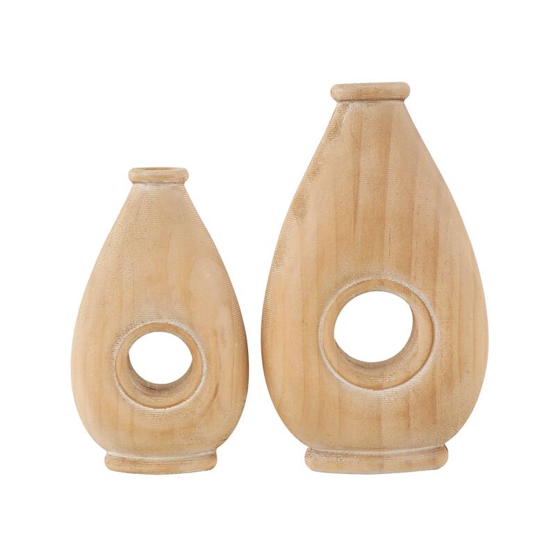 Brown Wood Teardrop Decorative Vase with Cutout Center (Set of 2)