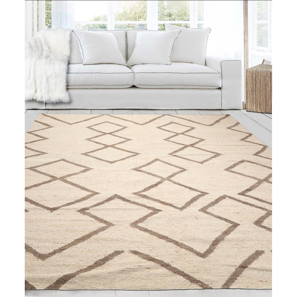 LoomBloom Beige Wool Oriental Area Rug Hand Woven Geometric Flatweave - 9' 2'' x 12' 2''