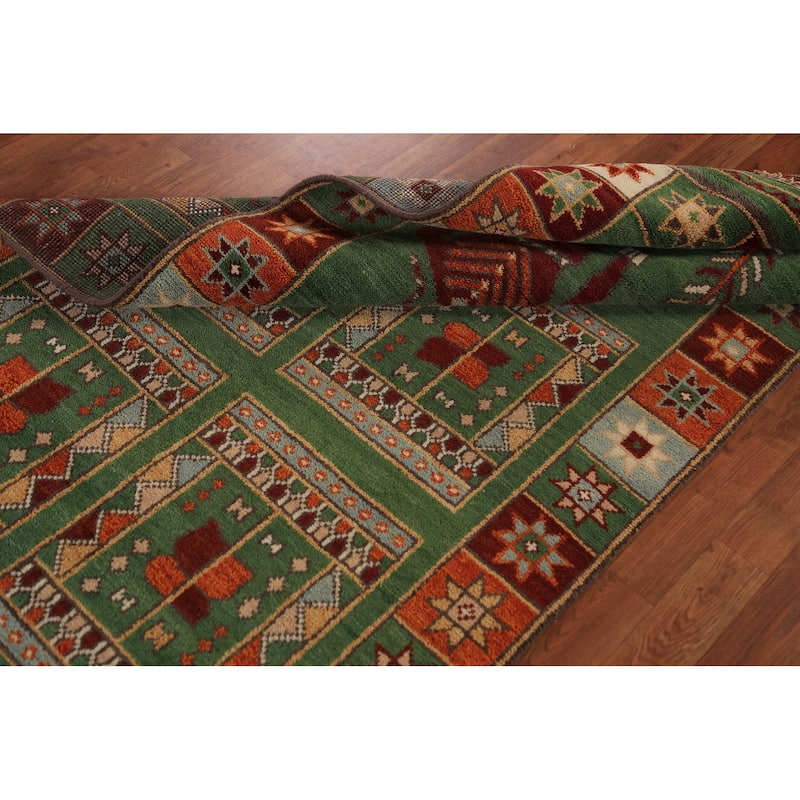 Tribal Green Kazak Indian Runner Rug Hand-Knotted Wool Carpet - 3'11"x 9'10"