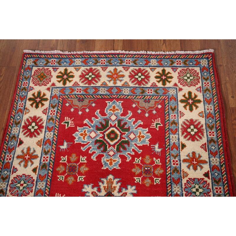 Geometric Kazak Foyer Rug Hand-Knotted Red Wool Carpet - 2'8" x 3'11"