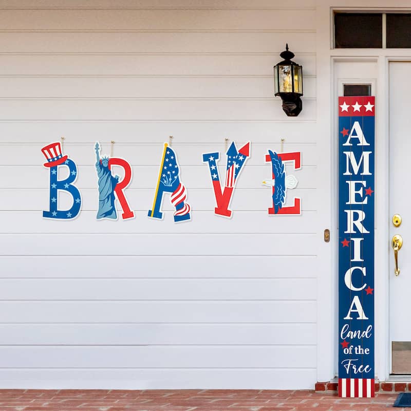Glitzhome Set of 5 Patriotic/Americana BRAVE Yard Stake or Wall Decor