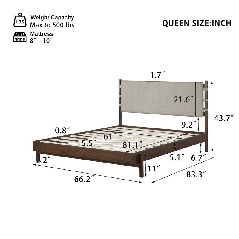 Low-Profile Platform Bed Frame with Upholstered Panel Headboard Wood Slat Supports and Center Support Legs for Bedroom Apartment