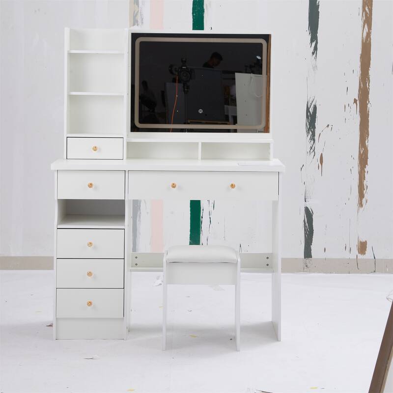 41" Large Left-Side Vanity Set with LED Mirror and Storage - White