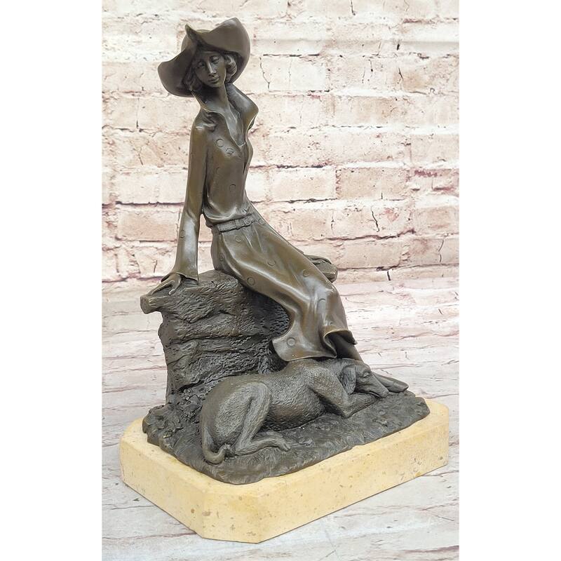 Fashionable Woman With Large Hat And Imitative Dog - Bronze Metal Art Deco Sculpture By Milo