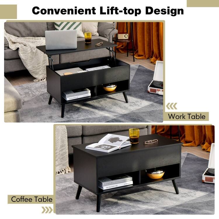31.5 Inch Lift Top Coffee Table with Hidden Compartment and 2 Storage Shelves - 31.5" x 15.5" x 17.5" (L x W x H)