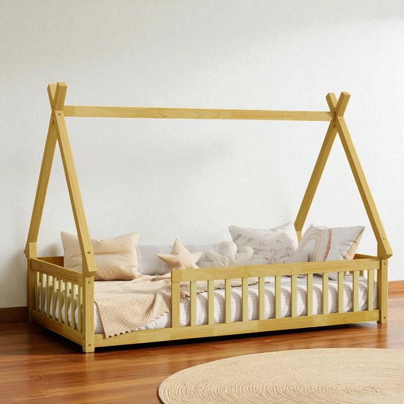 Twin Tent-Shaped Floor Bed with Guardrails, Low Platform Teepee Bed Frame with Slats, Solid Wood Design