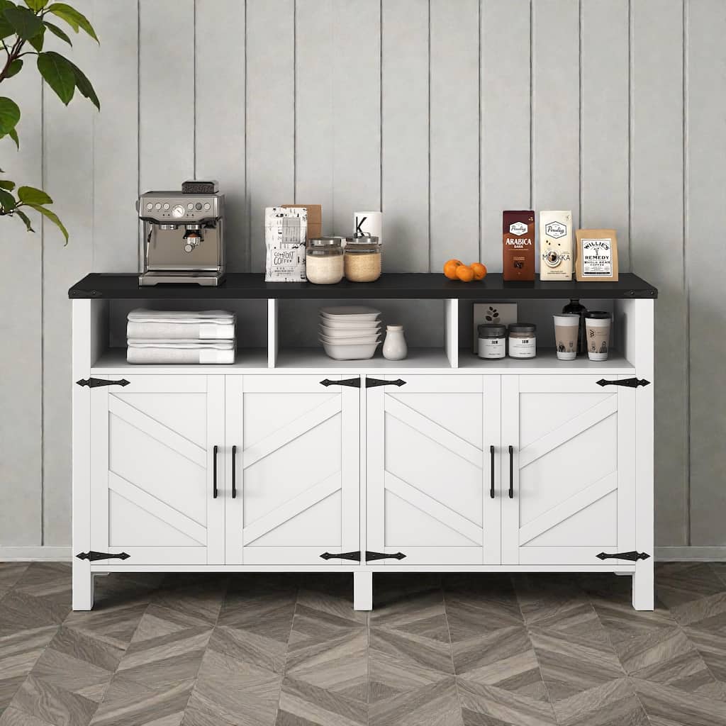 59" Modern 4-Door Sideboard with Power Outlets, USB Ports, Adjustable Shelves & Half-Open Storage Cabinet