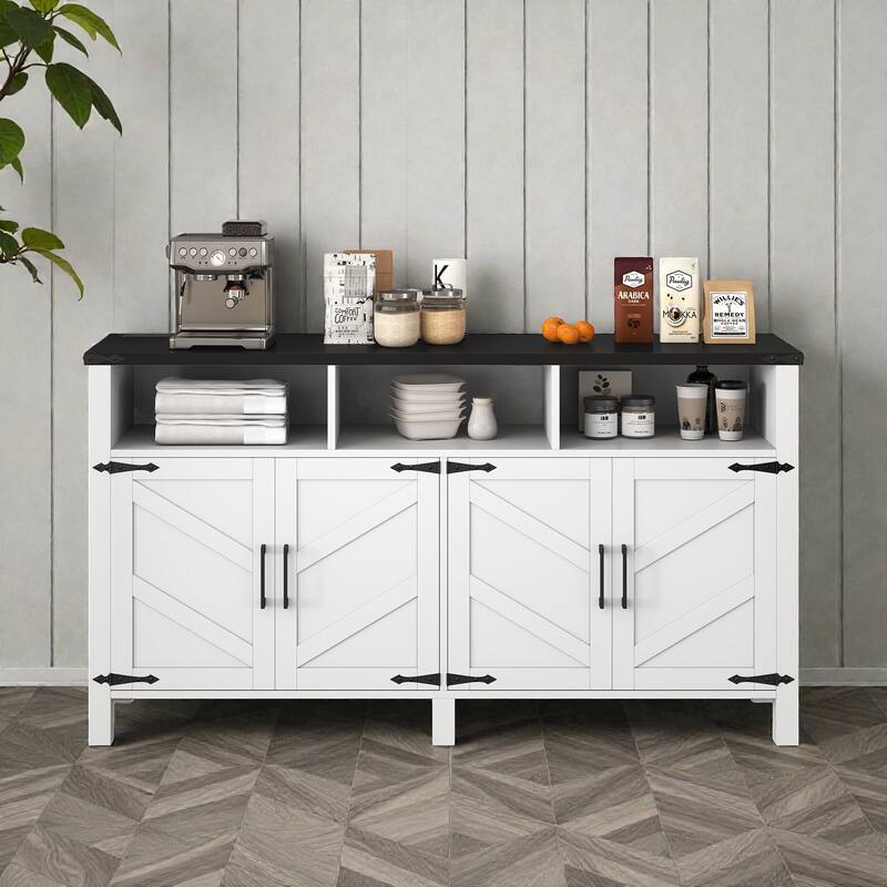 59" Modern 4-Door Sideboard with Power Outlets, USB Ports, Adjustable Shelves & Half-Open Storage Cabinet - White Black