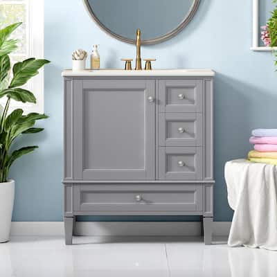 30 Inch Bathroom Vanity with Sink, Solid Wood and MDF Cabinet with 3 Drawers, Porcelain Countertop, Modern Style