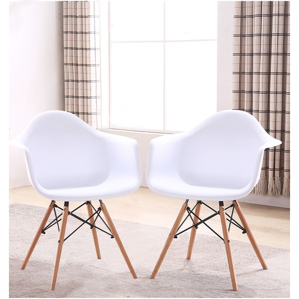 Retro-classic Wood Leg White Accent Chair with Arms ( Set of 2 )