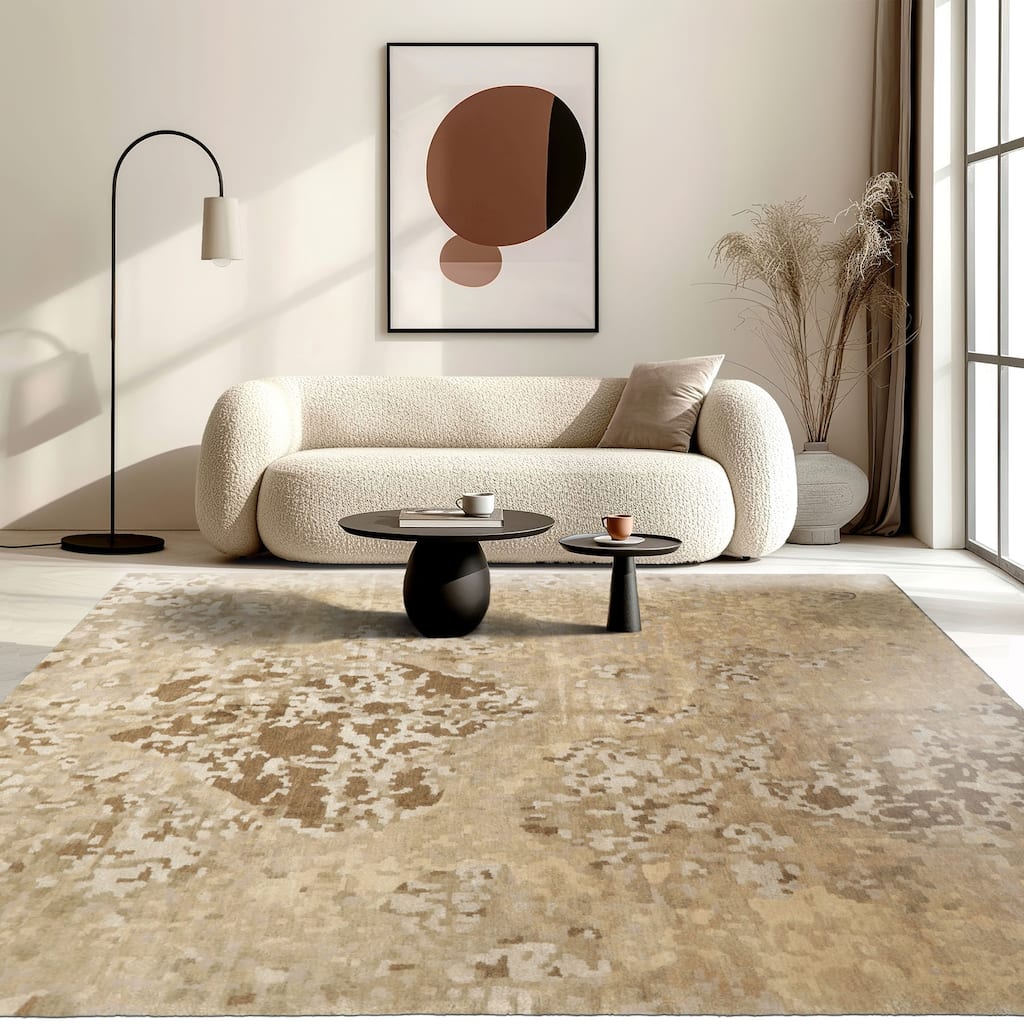 6x7'10'' Hand Knotted Wool & Silk Beige Tibetan Modern & Contemporary Rug - 6' x 7' 10''