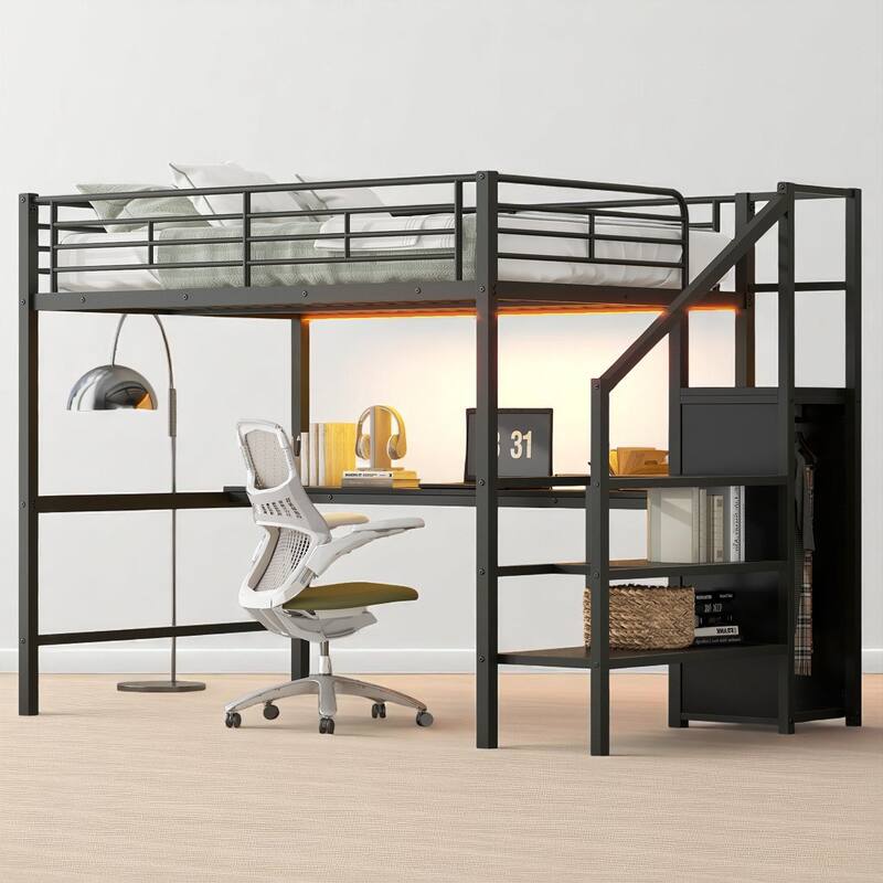 Full Size Loft Bed with Desk, Storage Stairs, Clothes Rack Wardrobe and Color LED Lights, Metal Frame