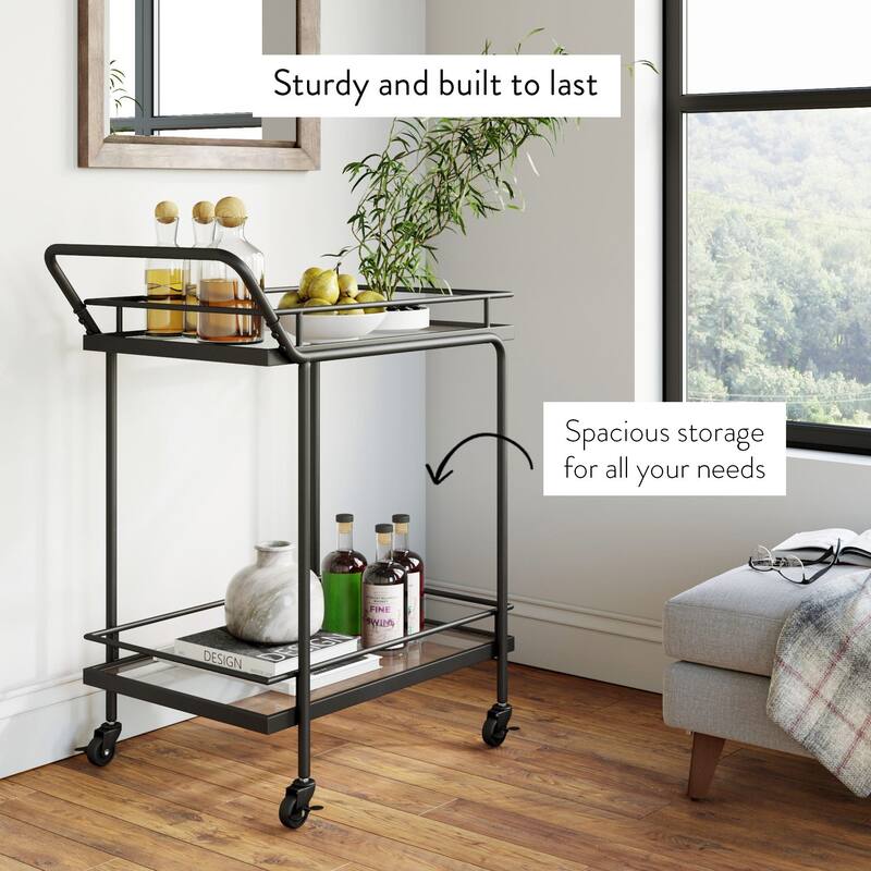 Nathan James Sally 2-Tiered Metal Frame Glass Rolling Bar Cart and Tea or Cocktail Cart