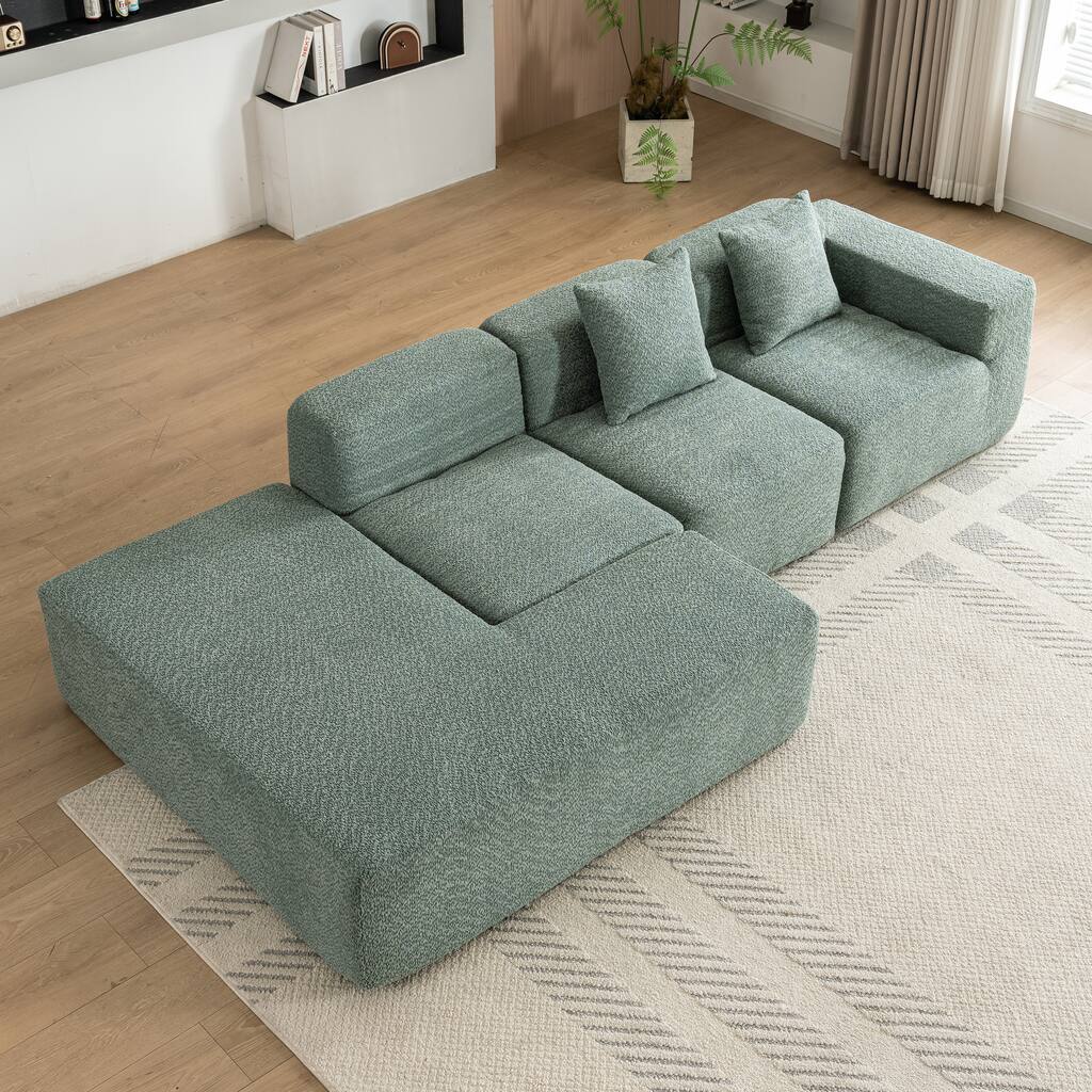 Green 116.5" Versatile 4-Seat Sectional Sofa with Customizable 4-Piece Design in Ultra-Soft Boucle Fabric and Two Back Pillows