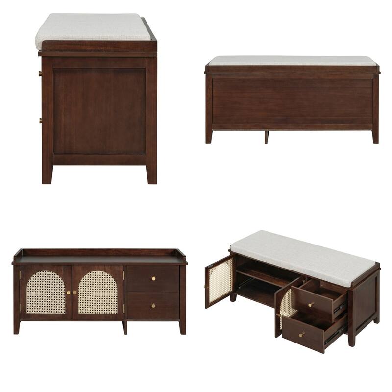 Wood Shoe Storage Bench with Cushion,2 Drawers and 2 Rattan Door