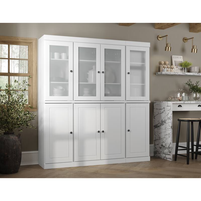 100% Solid Wood 65" Pantry China Cabinet with Solid, Frosted Glass Doors and Adjustable Shelves - White