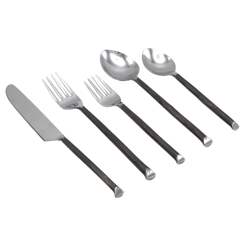 Elyon Ambrey Reflective Black 20 Piece Flatware Set Indian Artisan-Made Set Hand-Forged Stainless Steel Service for 4