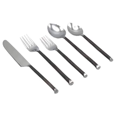 Elyon Ambrey Reflective Black 20 Piece Flatware Set Indian Artisan-Made Set Hand-Forged Stainless Steel Service for 4