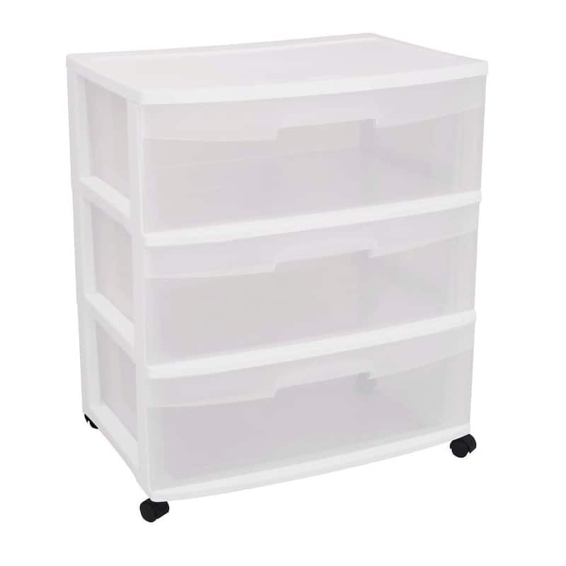 Mobile 3-Drawer Storage Cart with Clear White Plastic Drawers and Removable Caster Wheels - 25 x 22 x 16 inches