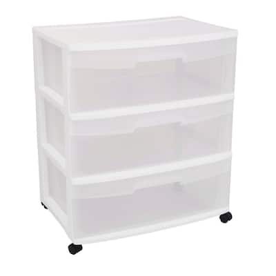 Mobile 3-Drawer Storage Cart with Clear White Plastic Drawers and Removable Caster Wheels - 25 x 22 x 16 inches