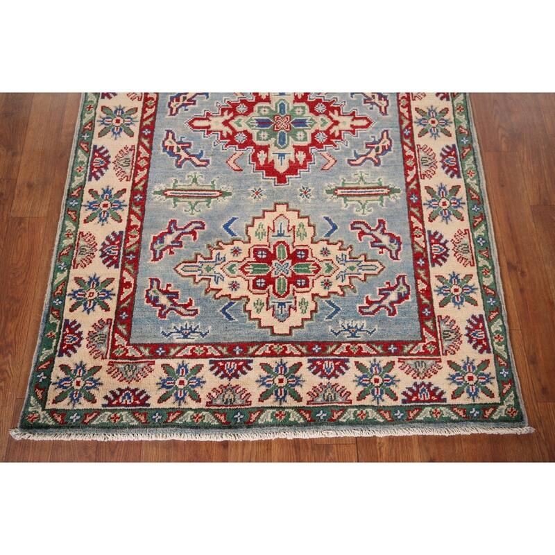 Light Blue Traditional Kazak Foyer Rug Hand-Knotted Wool Carpet - 3'3" x 4'11"