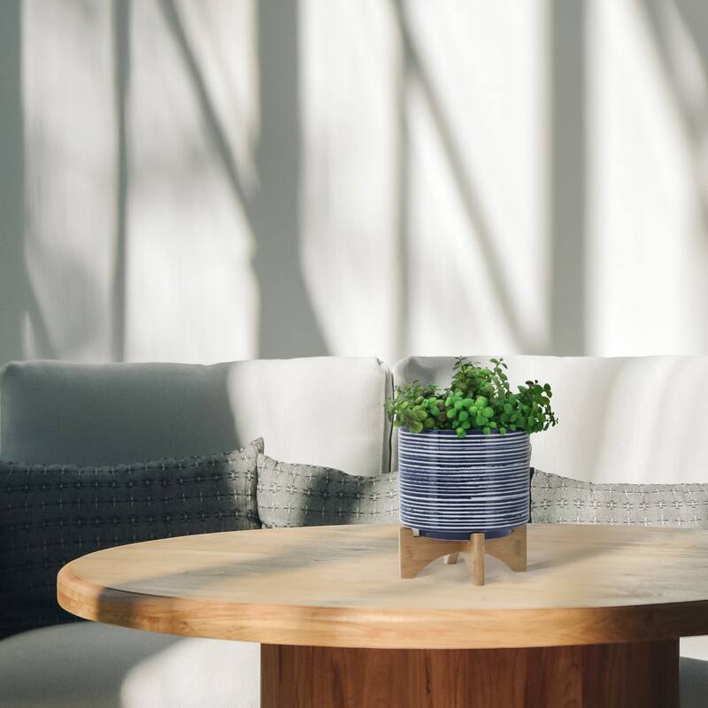 Sagebrook Home Striped Ceramic Planter with Wooden Stand Indoor/Outdoor