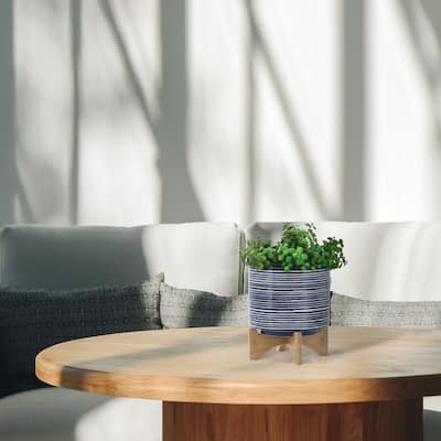 Sagebrook Home Striped Ceramic Planter with Wooden Stand Indoor/Outdoor