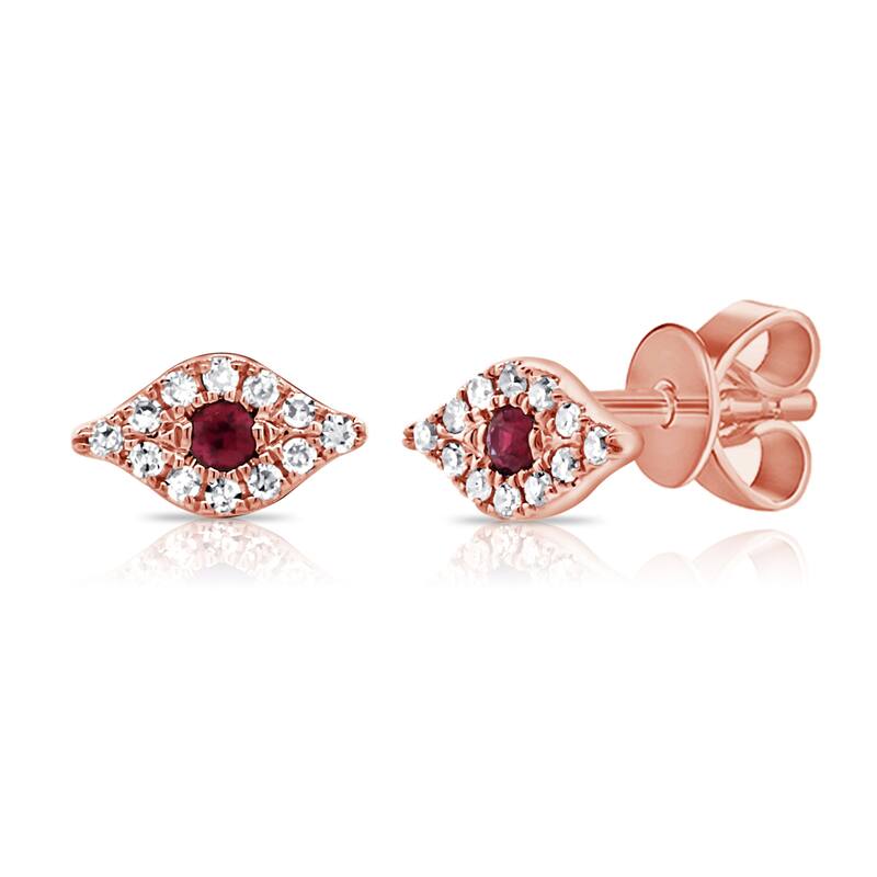 Joelle Collection Evil Eye Studs Earrings Ruby & Diamonds 14K Gold - Evil Eye Ruby Earring - Rose