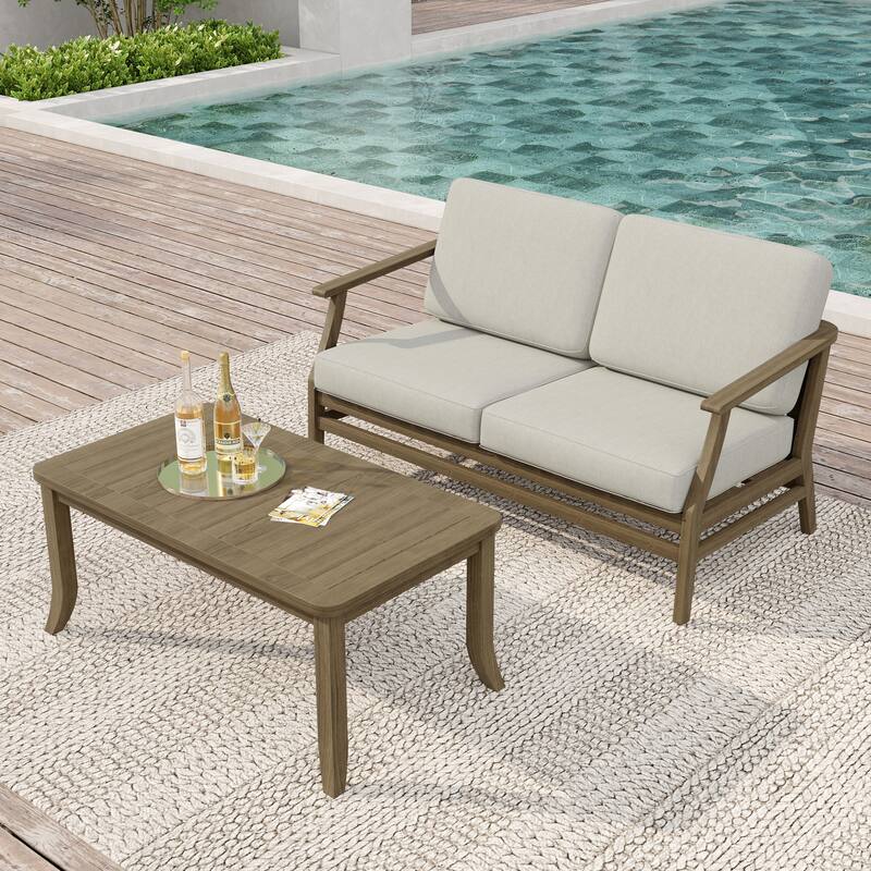 Teak Wood Patio Outdoor Loveseat Sofa and Coffee Table Set - Natural Wood - Light Camel