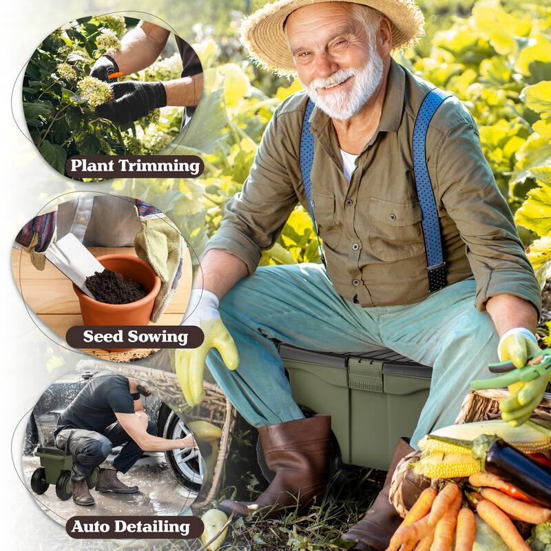 Rolling Garden Cart with Seat - Plastic Storage with Bench and Interior Tool Tray by Pure Garden (Green) - Green