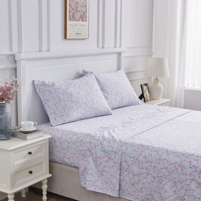 Printed Design Cotton Collection 400TC Hemstitch Blue Kyoto Sheet Set and Pillowcases