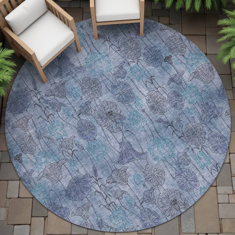 Machine Washable Indoor/Outdoor Modern Floral Chantille Rug - Blue - 8' x 8'