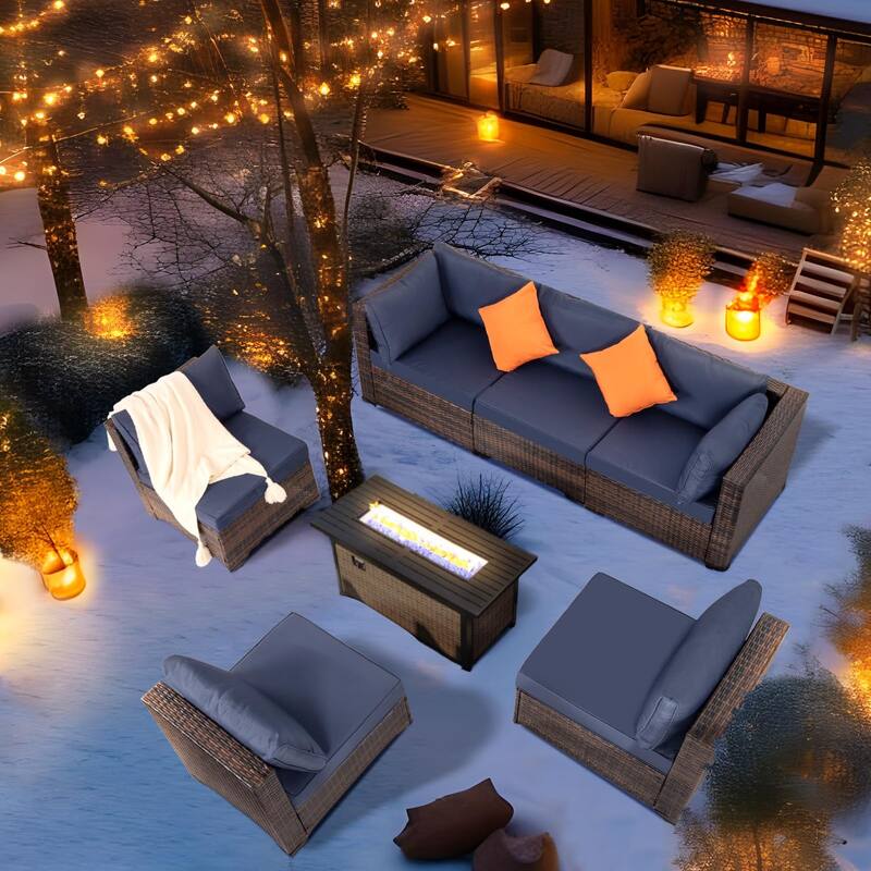 8 PCS Wicker Patio Conversation Set With Fire Table