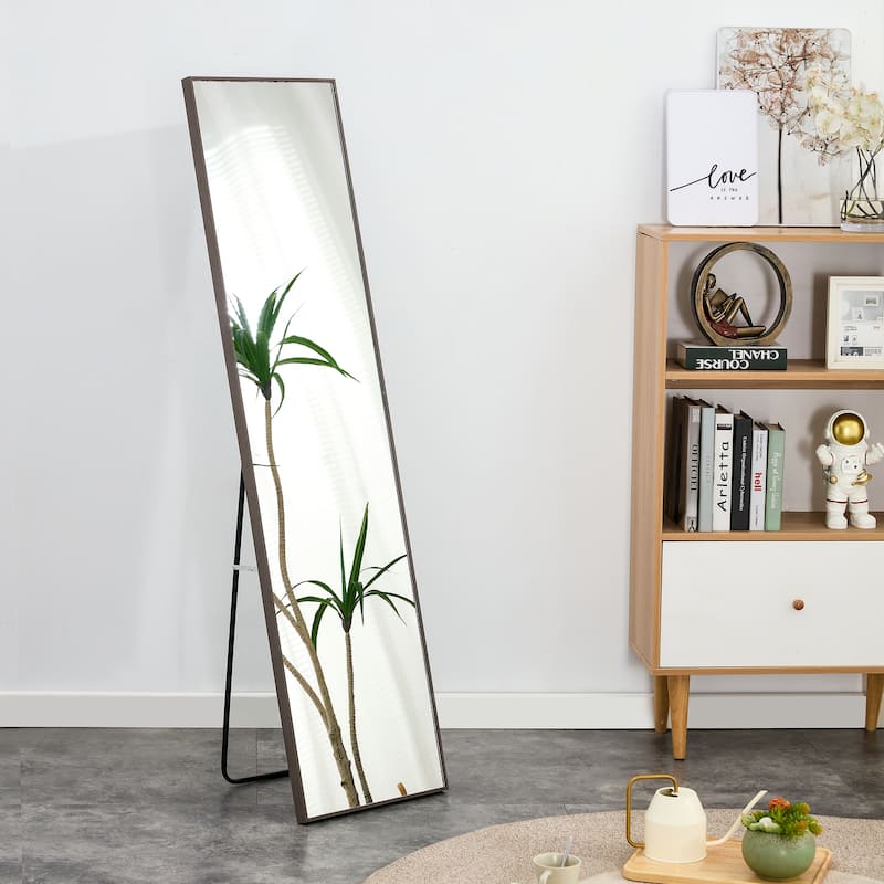 Roomfitters Full Body Mirror with Brown Solid Wood Frame, Floor Standing Decorative Mirror for Dressing Room - Grey