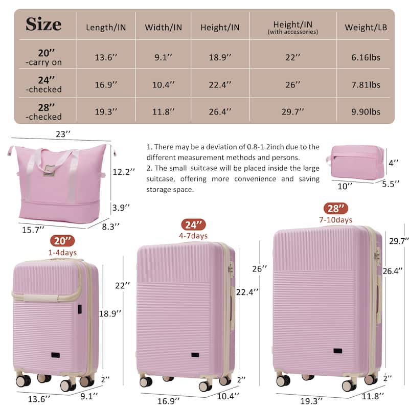 Luggage Sets 5 Piece with Half-opening, Hardside Carry On Suitcase Set with Double Spinner Wheel, with USB Port,TSA Locks