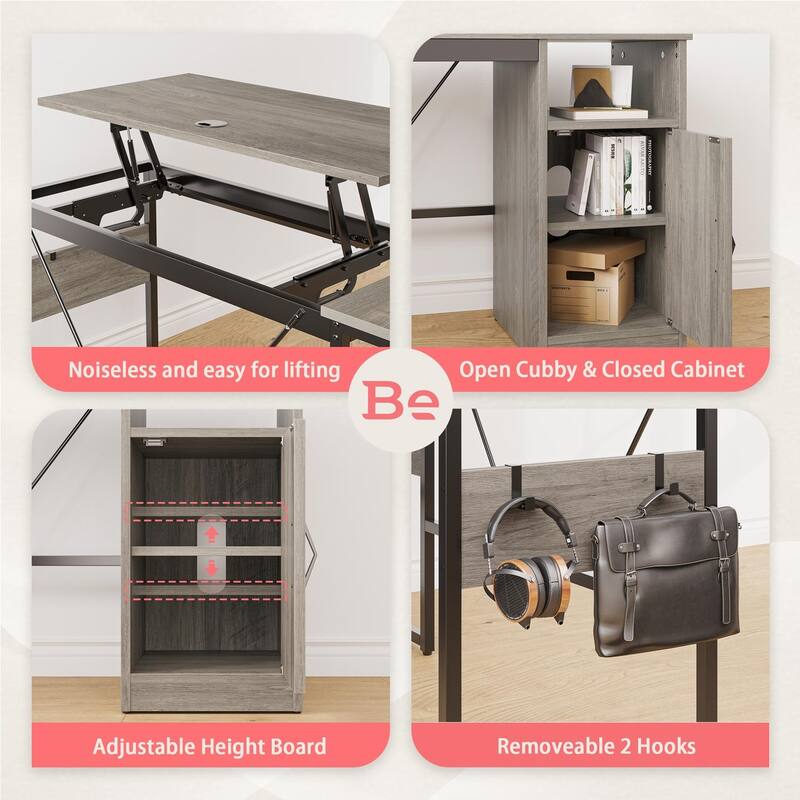 Versatile 60" L Shaped Standing Desk with Lift Top & Storage Cabinet, Corner Desk Extending to 95’’ with Hooks