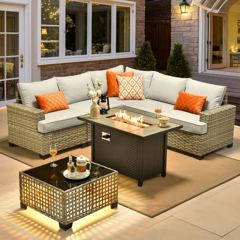 XIZZI 7 Pieces Patio Furniture Wicker Sectional Sofa Set with Fire Pit Table - Grey
