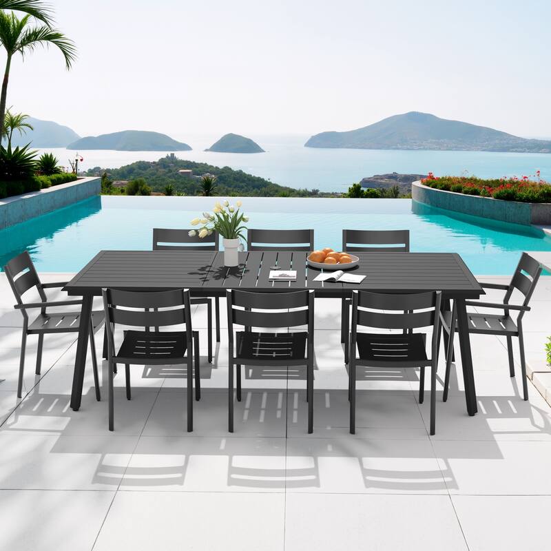 7/9-PC Outdoor Aluminum Dining Table Set with Stackable Chairs Umbrella Hole