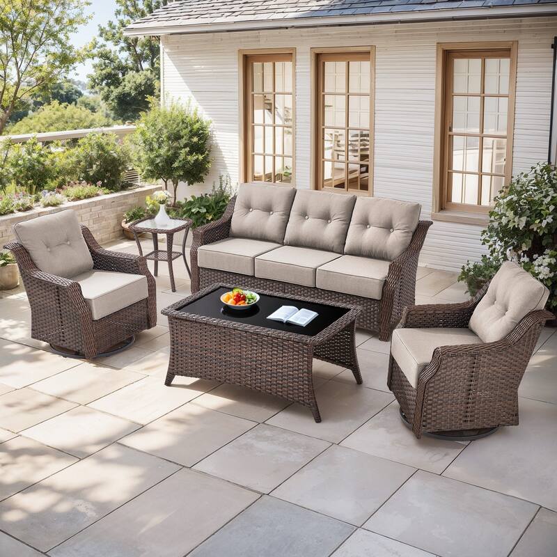 Gymojoy Wicker Patio Furniture Sofa Set, 6-Inch Ultra Thick Cushioned 360°Swivel Glider Chairs & Sofa Set - Brown Wicker / Beige Cusion - 5-Piece
