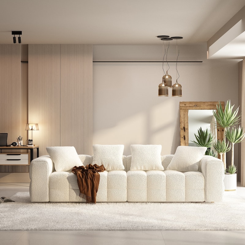 100.8"W Wooden Frame Teddy Velvet Sofa in White Couch 4 Person