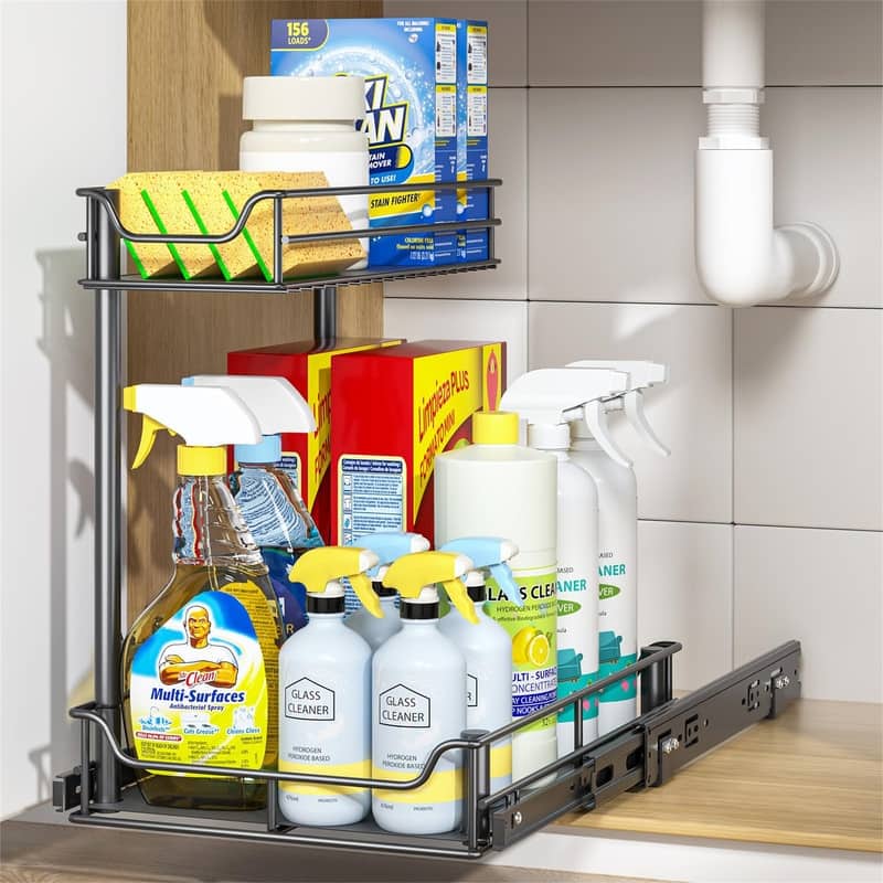 Under Sink Organizer with Slide - 16.9"D x 13.4"W x 15.7"H - Black - 16.9"D x 13.4"W x 15.7"H