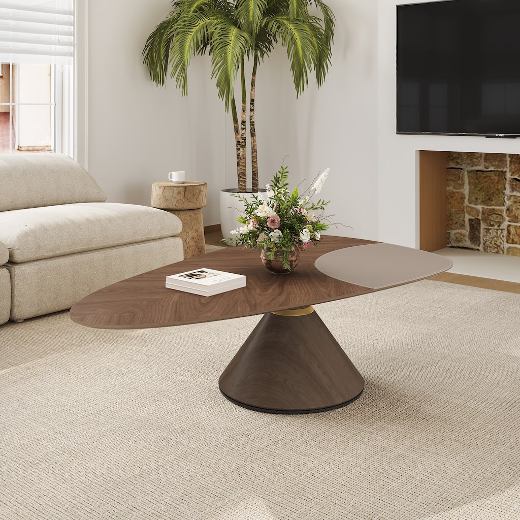 47" Mid Century Modern Coffee Table,Triangular solid wood coffee table with steel base,Brown
