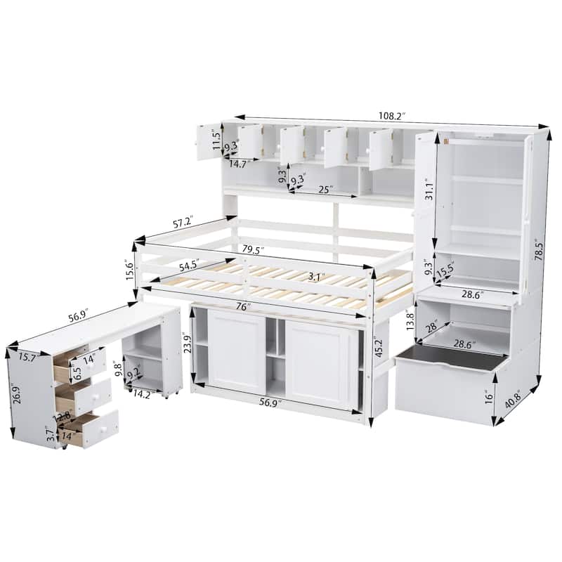White Full Size Wooden Loft Bed with Integrated Wardrobe, Under-bed Desk, and Shelves