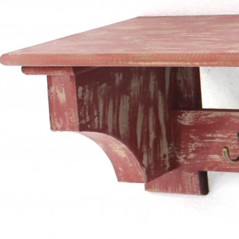 HomeRoots 30" Red Distressed Wood Four Hook Wall Mounted Hanging Coat Rack - 8" x 30" x 9.75"