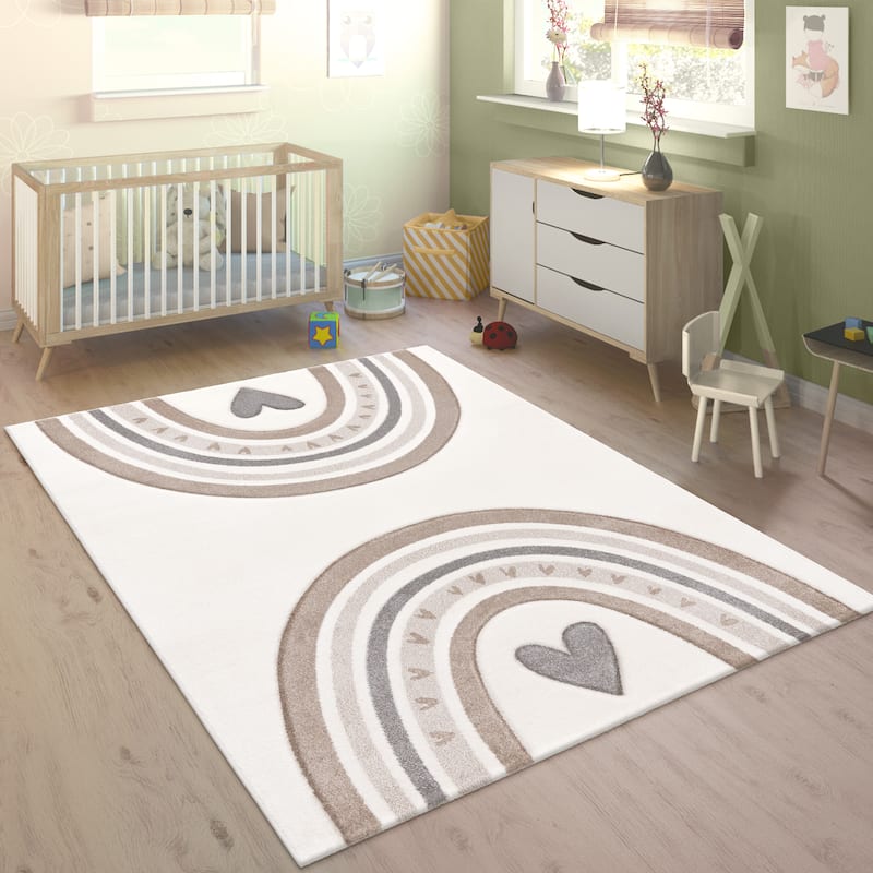 Kids Rug for Nursery with Rainbows & Hearts in Cream Pastel - beige - 2'8" x 4'11"