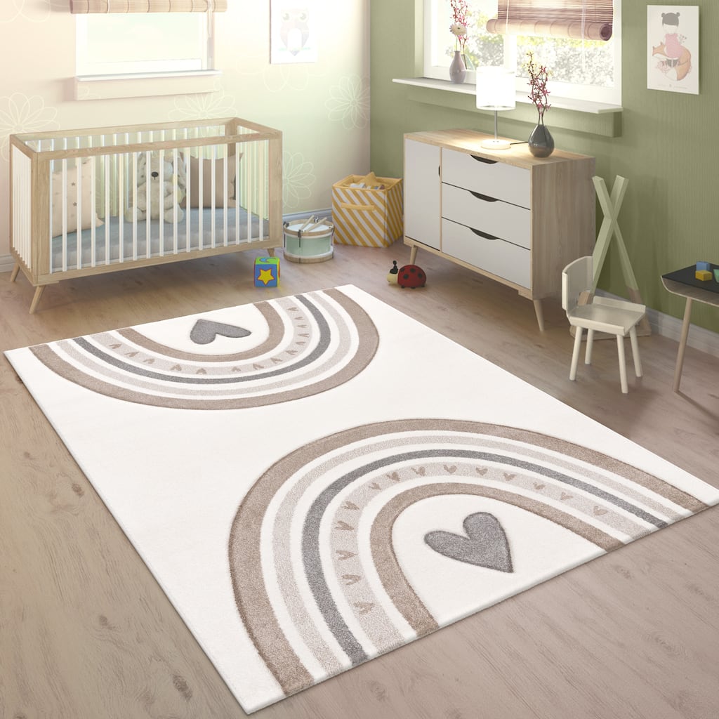 Kids Rug for Nursery with Rainbows & Hearts in Cream Pastel