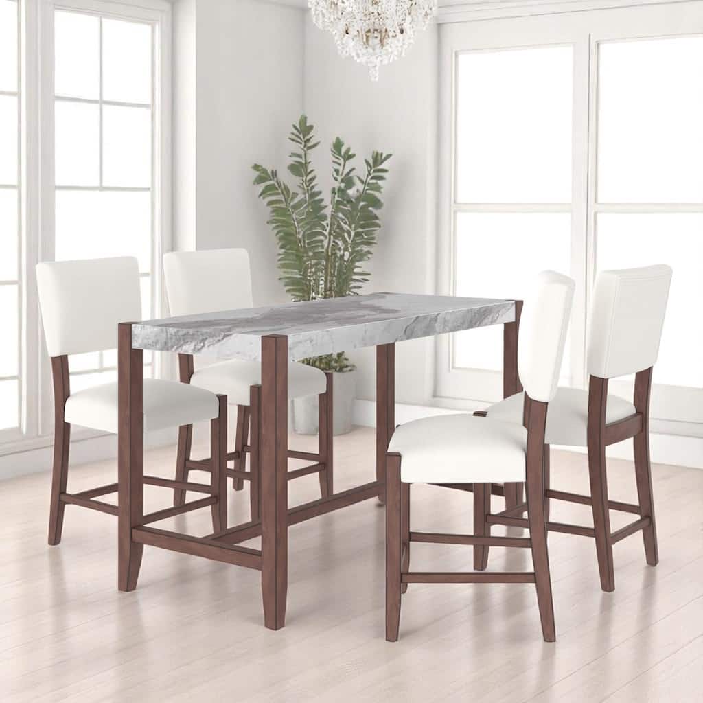 5-Piece Counter Height Dining Table Set with Faux Marble Top, Table and 4 Upholstered Chairs for Kitchen or Dining Room