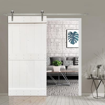 36 in x 84 in White Stained 2 Panel Barn Door with Sliding Hardware