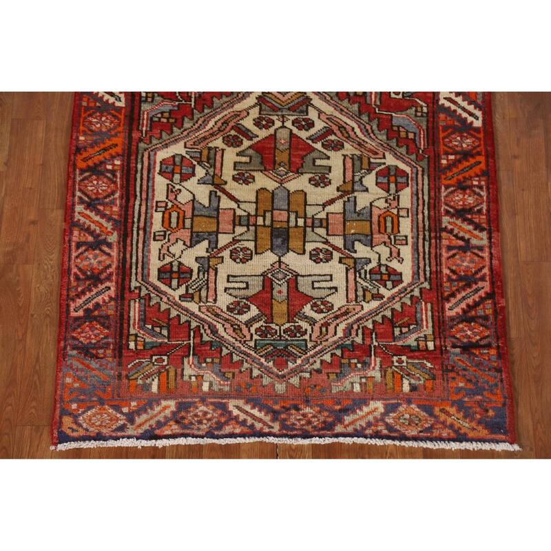 Geometric Hamedan Persian Vintage Runner Rug Hand-knotted Wool Carpet - 3'6"x 10'6"